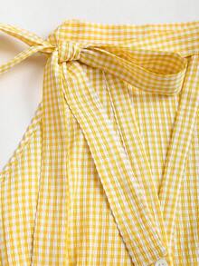 Olithes 春夏休闲时尚系带无袖修身V领开襟竖排纽扣收腰褶裥女式衬衫 - 黃色 - 查看 4