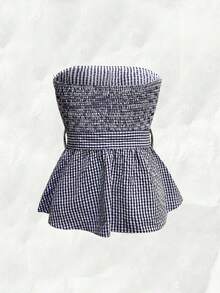 Pariaura Multi-Color Checkered Ruched Tube Top With Adjustable Bow Tie – Cropped Waist-Cinching Sleeveless Blouse - Navy Blue - View 2