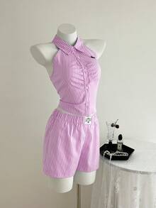 Elamini 2pcs Women Striped Print Collared Embroidered Shirt & Elastic Waist Casual Shorts Set, Spring/Summer - Pink - View 7