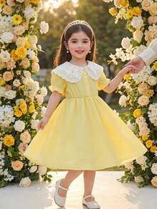 SHEIN Vestido amarillo de estilo princesa francés dulce para niñas jóvenes, hecho de tela suave con sensación ligera y fluida, decorado con cuello de encaje, acentos de botones blancos, mangas con volantes, cintura plisada para una silueta ajustada, diseño fluido y fresco, vestido de manga corta, adecuado para ocasiones casuales de primavera/verano como parque, picnic, salida familiar, escuela, ligero - Amarillo - Ver 8
