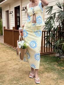 Livesso Women's Pale Yellow Summer Boho Beach Holiday Set,Floral Geometric Lace Patchwork Tie-Up Sleeveless Vest Cardigan Top And Straight Skirt Two Pieces - Yellow - View 4