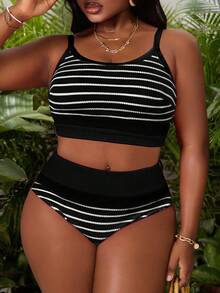 Slaydiva Bộ đồ bơi đi biển cỡ lớn 2 món, áo tankini vải kẻ sọc có dây đeo điều chỉnh được. - màu đen - Xem 1