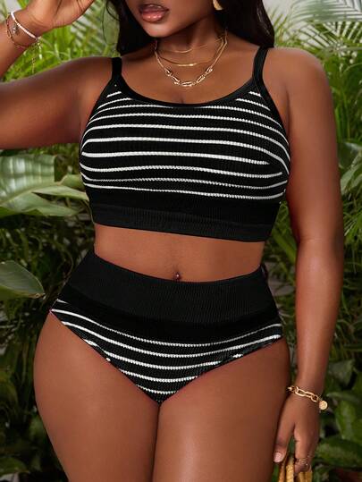 Slaydiva 2pcs Plus Size Vacation Beach Outfit, Adjustable Strap Striped Fabric Tankini Swimsuit