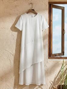 Rusticease Women's Solid Color Round Neck Short Sleeve Asymmetric Design Casual Mid-Length Dress,Modest White Summer Festival Outfits Easter Dress Zanzea Clothes - White - View 3