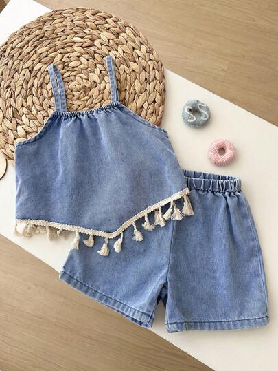 LMoss Kids Set de 2 piezas con top de tirantes de mezclilla azul con dobladillo con flecos y shorts sueltos para niña joven