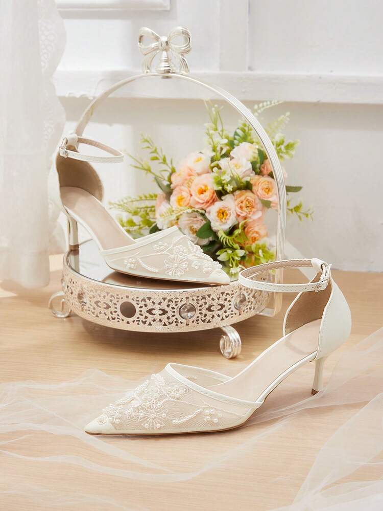 CUCCOO HITCHD Women Shoes Spring And Summer New Pearl Embroidery Pointed Toe Thin Heel Buckle 6.5cm Women's High Heel Shoes Elegant Mesh Splicing Solid Color Commuter Dating Wedding Bridesmaid Shoes