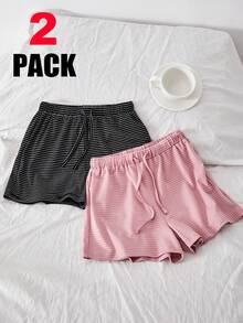 SHEIN Sparklyn Tween Girls' Elastic Waist Knit Striped Casual Loose Shorts, Multi-Pack, Multi-Color - Multicolor - View 3