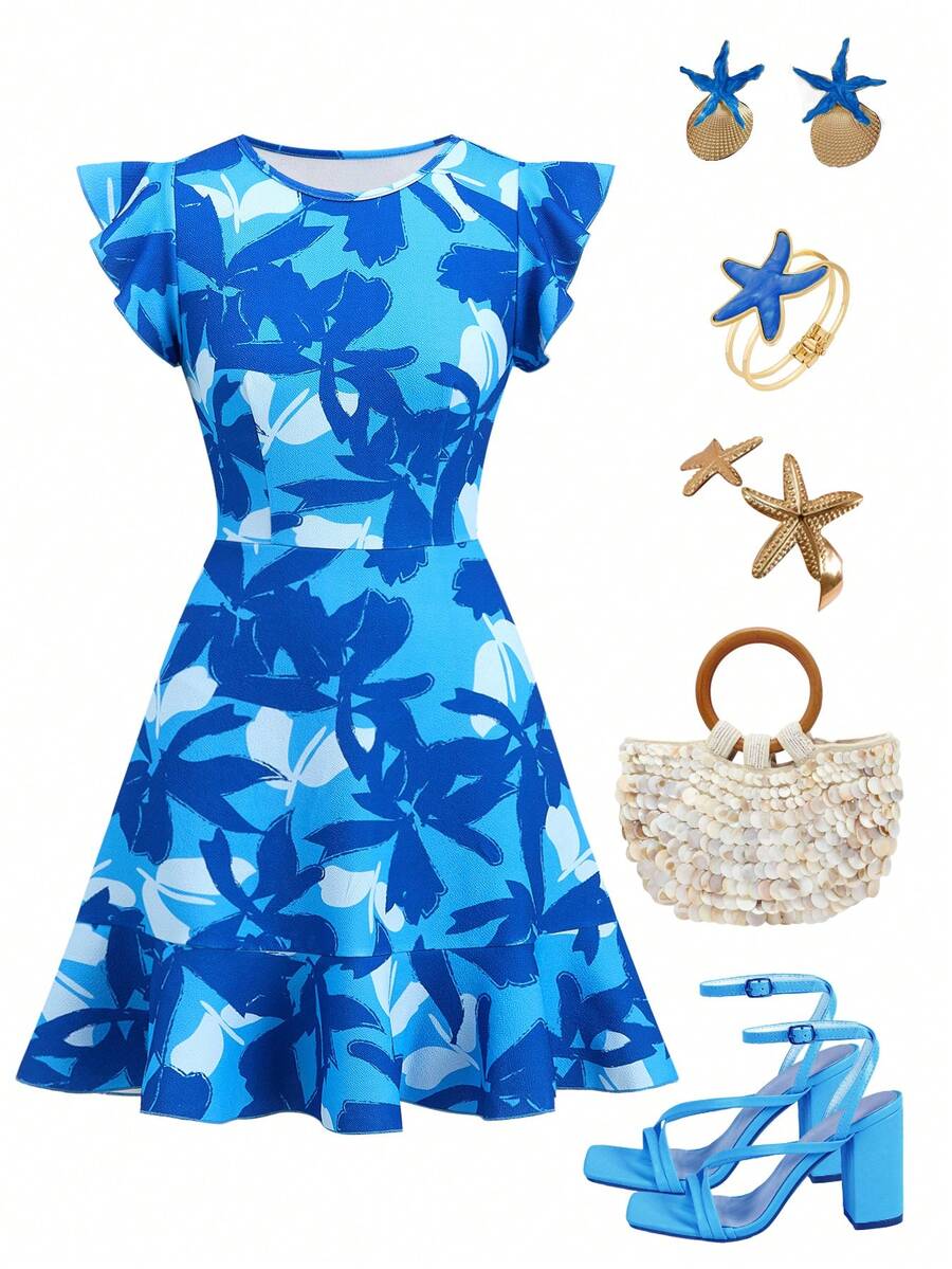 Ellevyn Women's Floral Print Round Neck Cap Sleeve Vacation Dress - Blue - View 1