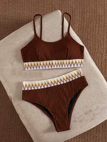 Swim Vcay 女士夏季沙滩高腰比基尼套装 - 棕色 - 查看 5