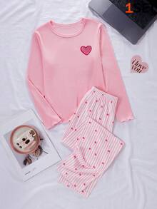 Genkimix Kids 1 Set Piyama Anak Perempuan, Atasan dari Kain Bergaris dengan Desain Hati Merah Muda yang Lucu, Lengan Panjang dengan Hem Berumbai, Bawahan dari Kain Lembut dengan Pola Garis Vertikal Merah Muda & Putih dengan Cetakan Hati Merah Muda, Lembut dan Nyaman, Cocok untuk Pakaian Dalam Musim Semi, Gugur dan Musim Dingin. Set Piyama Lucu - MultiWarna - View 5