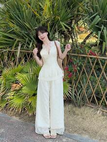 DAZY Women's French Retro Hollow Out Embroidery Design Lightweight Chiffon Blouse And High Waist Pants 2 Pieces Set - Apricot - View 7