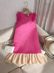 夏季少女珍珠仿毛皮装饰无袖A字公主裙，适合家庭聚会和日常穿着，连衣裙，少女晚礼服，粉色优雅连衣裙，少女粉色连衣裙 - 玫紅色 - 查看 5