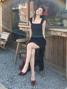 DAZY 女款不對稱下擺純色休閒中長洋裝 夏季防曬洋裝 適合學校穿著 - 黑色 - 查看 4
