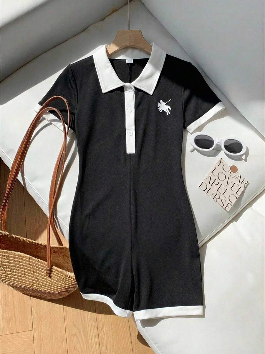 Teen Girls' Casual Sports Everyday Commute Rider Print Contrast Trim Short Sleeve Polo Romper, Summer - Black - View 1
