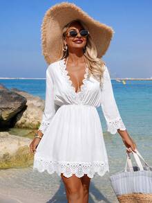 Swim Vcay Women's Summer Beach Solid V-Neck Waist Cinched 3/4 Sleeve A-Line Contrast Lace Shell Graphic Vacation Coverup Dress - White - View 5