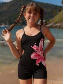 SHEIN 少女字母印花运动休闲吊带黑色可调节连体衣 2025 返校季儿童大学服装和校园运动服 - 黑色 - 查看 3