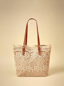 Travachic Summer Fresh & Gentle Lace Tote Bag, Hollow Out Casual Large Capacity Handbag For Work & Commute - Khaki - View 4