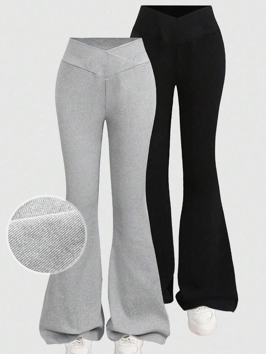 Girlism 2件套 少女黑色和浅灰色交叉腰带修身喇叭裤,弹力休闲运动百搭针织裤,买一送一 喇叭裤 阔腿裤 喇叭打底裤 喇叭运动裤 - 彩色 - 查看 1