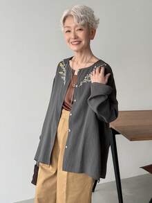 FRIFUL Women's Solid Color Casual Loose Fit Shirt With Embroidery Print And Slit Cuffs, Suitable For Spring And Summer - Dark Grey - View 4