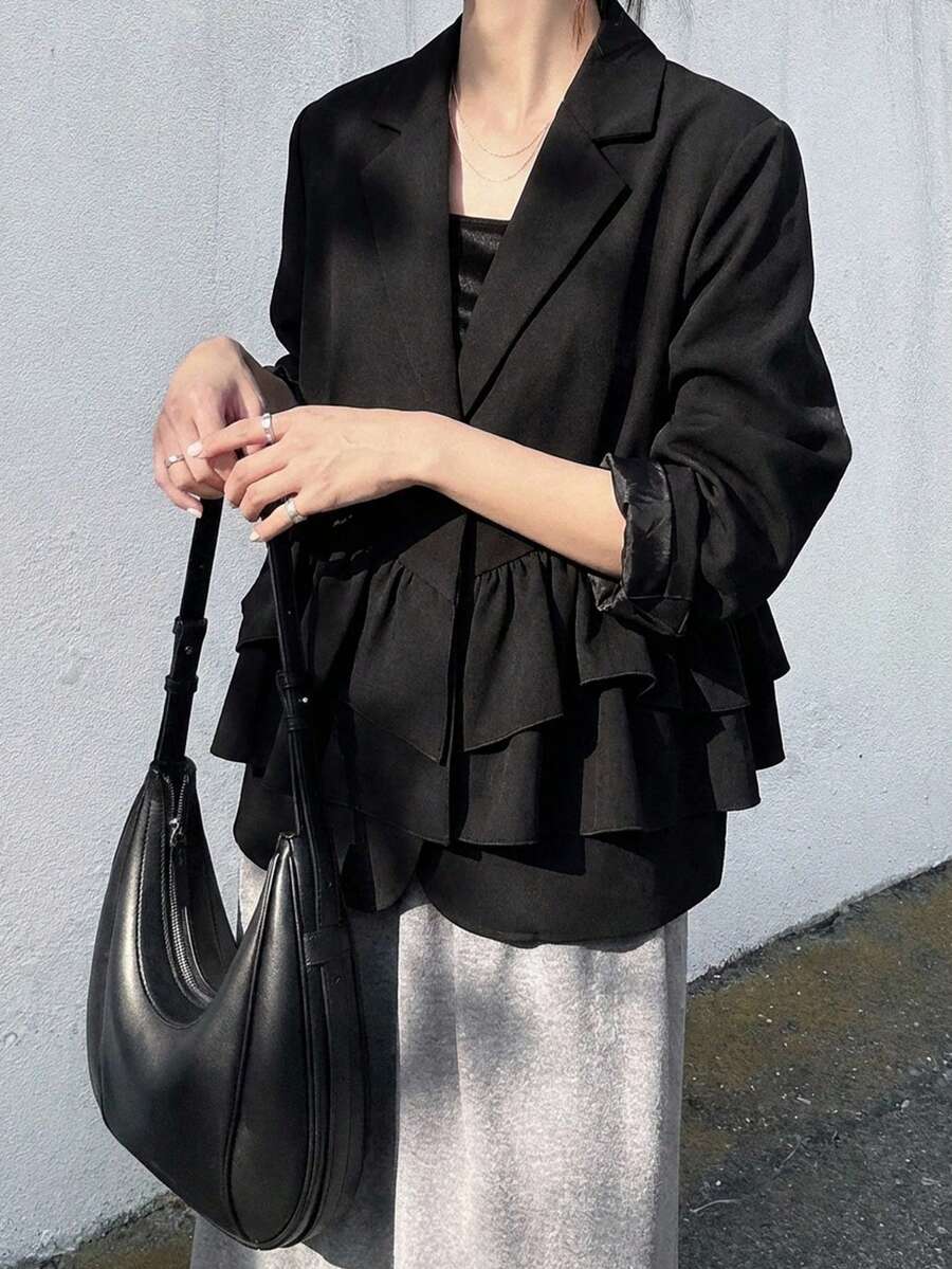 FRIFUL 女士纯色腰部拼接荷叶边宽松休闲百搭西装外套 - 黑色 - 查看 1