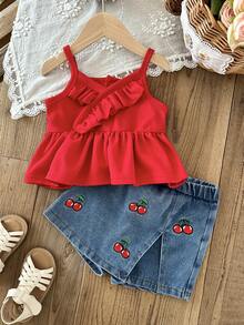 SHEIN 2pcs/Baby Girls, A Sweet Spring/Summer Outing Outfit: A Red Halter Top With Ruffled Details And Faux Cherry Embroidery, Paired With Denim Culottes And A Two Pieces Skirt - Red - View 7