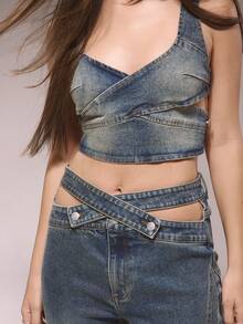 MUSERA Quần jeans ống loe cạp thấp, cạp chéo, chất liệu denim mài, chỉ dành cho mùa đông, phong cách đường phố dễ thương, đi chơi, thường ngày, kiểu phương Tây, bạc màu, thích hợp cho mùa hè. - Màu xanh lam - Xem 5