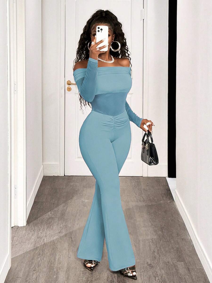 BamGleam 纯色褶皱露肩性感长袖连体裤 - 藍色 - 查看 1