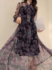 DAZY 女士碎花浪漫长款连衣裙 - 紫色 - 查看 8