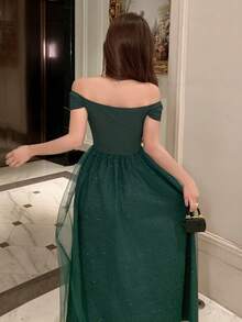 DAZY Women's Off-Shoulder Short Sleeve Mesh Patchwork Elegant Dress Sundress - Green - View 6