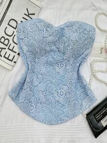Franclia Women's Floral Embroidery Bandeau Top, Suitable For Beach/Resort Wear, Summer - Baby Blue - View 5