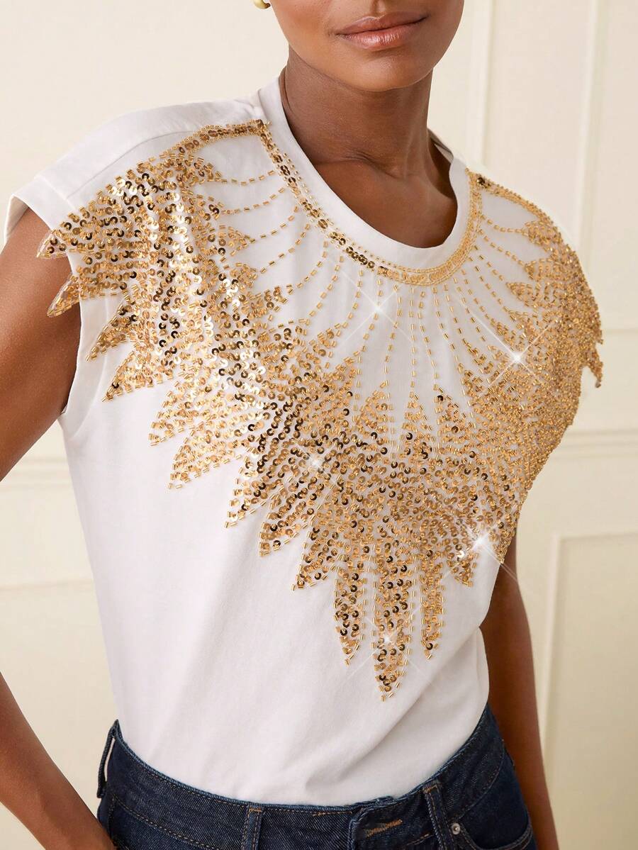 Lilora Women's Elegant Summer White And Gold Sequin Embellished Cotton T-Shirt,Flower Collar Round Neck Short Sleeve Top,Perfect For Birthday Party & Commute - White - View 1