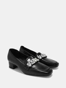 CUCCOO BIZCHIC Women's New Thick Heel Loafers, Fashionable Square Toe Rhinestone Decor Shoes Spring Shoes - Black - View 7