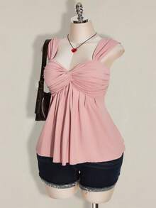 SHEIN ICON Plus Size Women's Black Twist Front Sleeveless Babydoll Knit Top, Y2K Style, Suitable For Graduation, Back To School, Summer, Going Out Tops - Pink - View 4