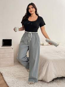Dazy Plus Pantalones de pijama de talla grande para mujer con cintura elástica, cordón y parches de color contrastante en 2 en 1 - Negro - Ver 6