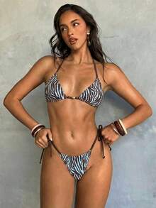 Aloruh 女士夏季新款扎染印花性感比基尼套装，适合派对、音乐节，闪亮贝壳装饰泳装，海滩度假装 - 藍色 - 查看 3