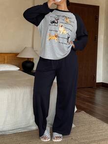 Dazy Plus Plus Size Women Casual Cartoon Animal & Letter Print Loose Long Sleeve Top And Straight Leg Pants Pajama Set, Spring/Summer/Autumn - Navy Blue - View 1