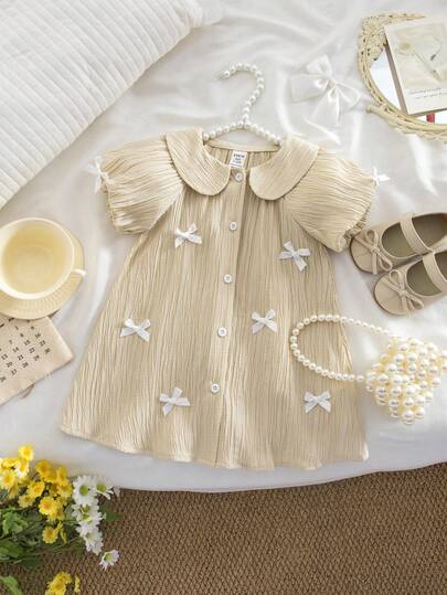 SHEIN 可爱夏季杏色蝴蝶结领短袖女婴连衣裙