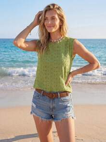 Sylviya Women's Solid Color Hollow Out Embroidery T-Shirt,Casual - Green - View 5