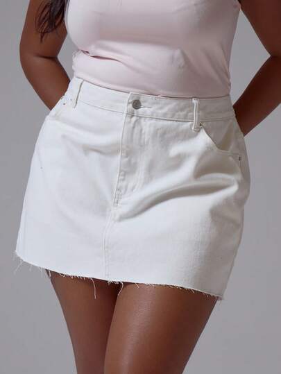 MUSERA Plus Size Low Rise Raw Hem White Denim Mini Skirt Spring Summer Elegant Easter Cute Vacation Casual Everyday Core Denim