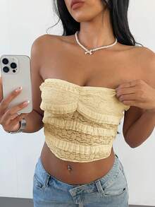 Aloruh Top bandeau con volantes, plisado y lazo elegante y romántico de unicolor para mujer - Amarillo - Ver 5