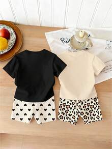 4pcs/Set Infant Toddler Unisex Cute Bow & Heart Print Round Neck T-Shirt Set, Baby Girls Daily Basic Outfit, Summer - Multicolor - View 2