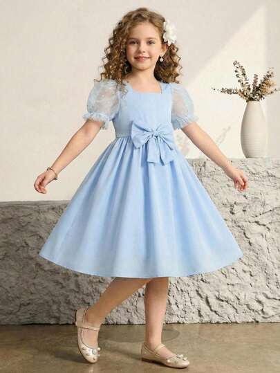 Glamorique Kids Elegant Bowknot Mesh Puff Sleeve A-Line Casual Dress For Teenage Girls, Sweet & Charming Korean Style, Suitable For Parties, Birthdays, Holidays, Vacations, And Daily Wear