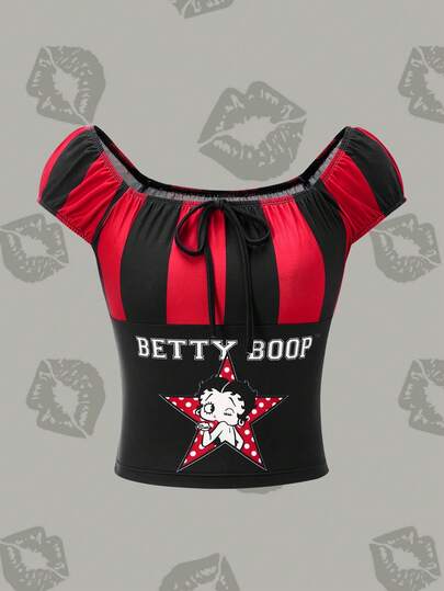 Betty Boop x SHEIN Women's Striped & Cartoon Figure Graphic Fitted T-Shirt