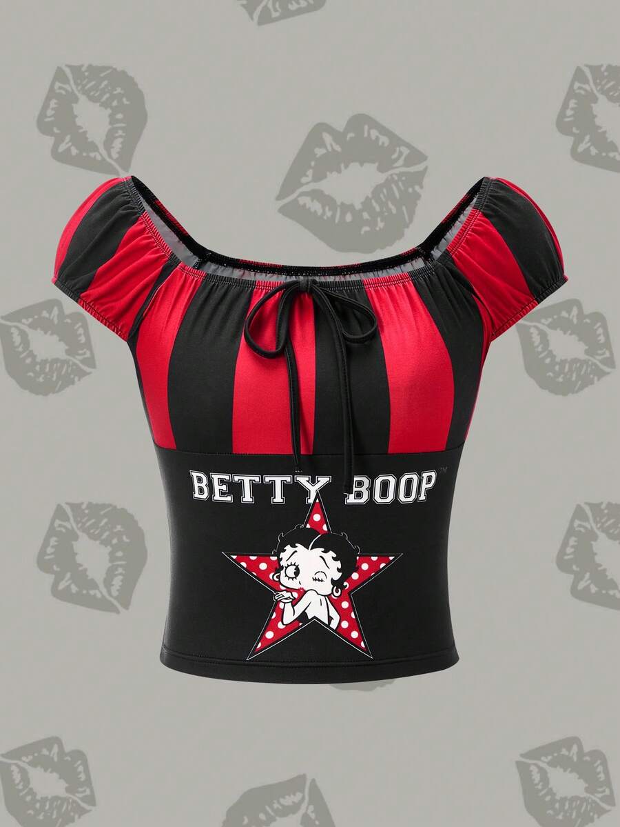 Betty Boop x SHEIN 女士条纹卡通图案修身T恤 - 紅色和黑色 - 查看 1
