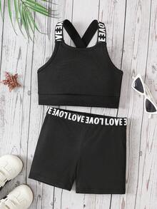 Young Girl Casual Black Sports Bra And Leggings Set - Black and White - View 5