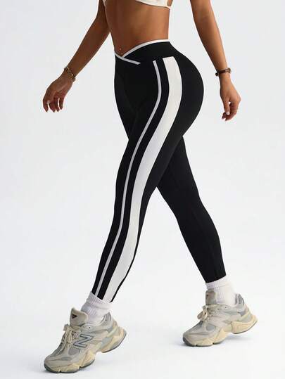 Dewbera High Waist Contrast Color Yoga Leggings, Criss-Cross Waistband, Contrast Color Leg, Fashionable & Sexy, Comfortable Fit, Body Shaping, Suitable For Fitness, Workout, Outdoor Running