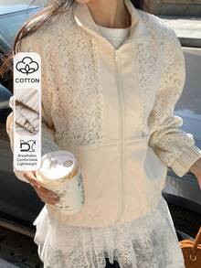 Livesso 蕾丝拼接休闲高领女式常规外套 - 米色 - 查看 1