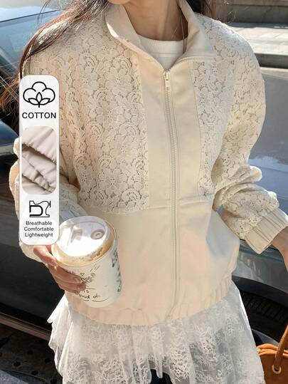 Livesso Lace Patchwork Casual High Collar Women Regular Jacket