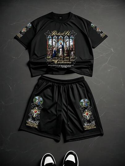 Manfinity EMRG Men's Slogan Cross Print Round Neck Short Sleeve T-Shirt And Drawstring Waist Shorts Casual Suit