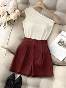 Franclia 2pcs/Set Casual Solid Color Asymmetric Neck Sleeveless Top And Shorts, Suitable For Summer - Multicolor - View 3